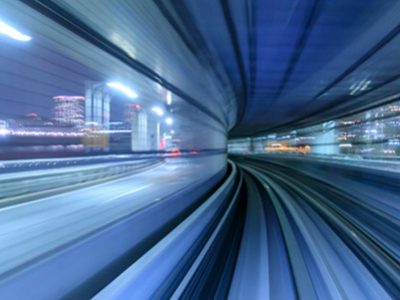 Motion blur of train moving inside tunnel in Tokyo, Japan